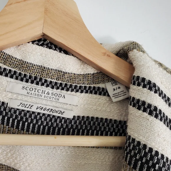 Scotch And Soda Medium Jacket Open Front Cotton Coat Neutral Stripes Boho Fringe - Picture 12 of 16